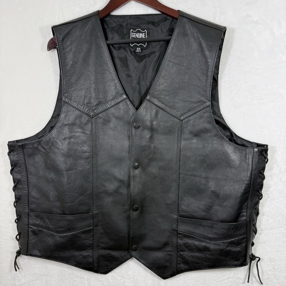 Genuine Leather Mens Biker Vest Black Side Lace Snap Front Sz52 Made in Pakistan